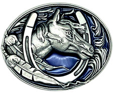 Horse Shoe Feathers Blue Enameled Belt Buckle New