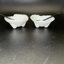 2 Vintage White Milkglass Cabbage Leaf Design Salt Cellars W/ Spoons LE Smith?
