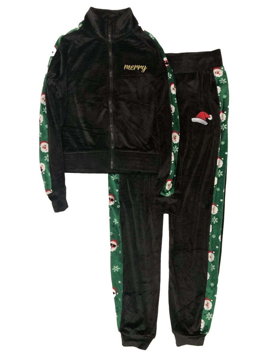 Womens (Jrs) Black Velvet Santa Claus Holiday Track Suit Womens (Jrs) Black Velvet Santa Claus Holiday Track Suit