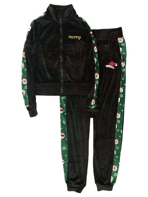 Womens (Jrs) Black Velvet Santa Claus Holiday Track Suit Pants Jacket  - Main Image