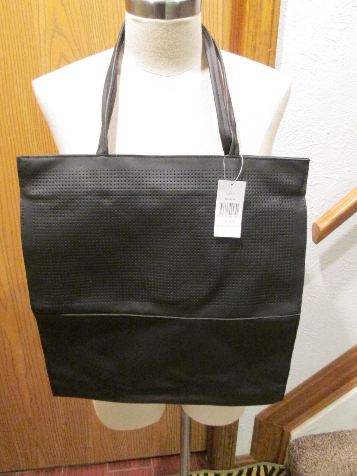 Saks Fifth Avenue Black Faux Leather Tote Bag w/Mess Front NEW