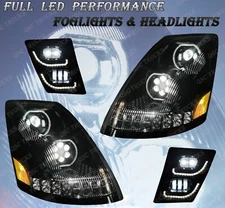 QSC Full LED Performance Black Head Lamp Fog Light LH RH Set for Volvo VNL 04-17