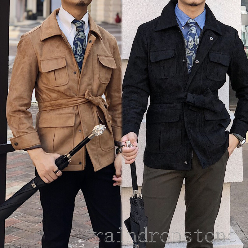 Safari Jacket Men's Artificial Suede Hunting Coat Vintage Casual