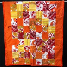 Throw Blanket Lap Quilt Yarn Tied Art ORANGE Granny Square Flower Retro MOD BOLD