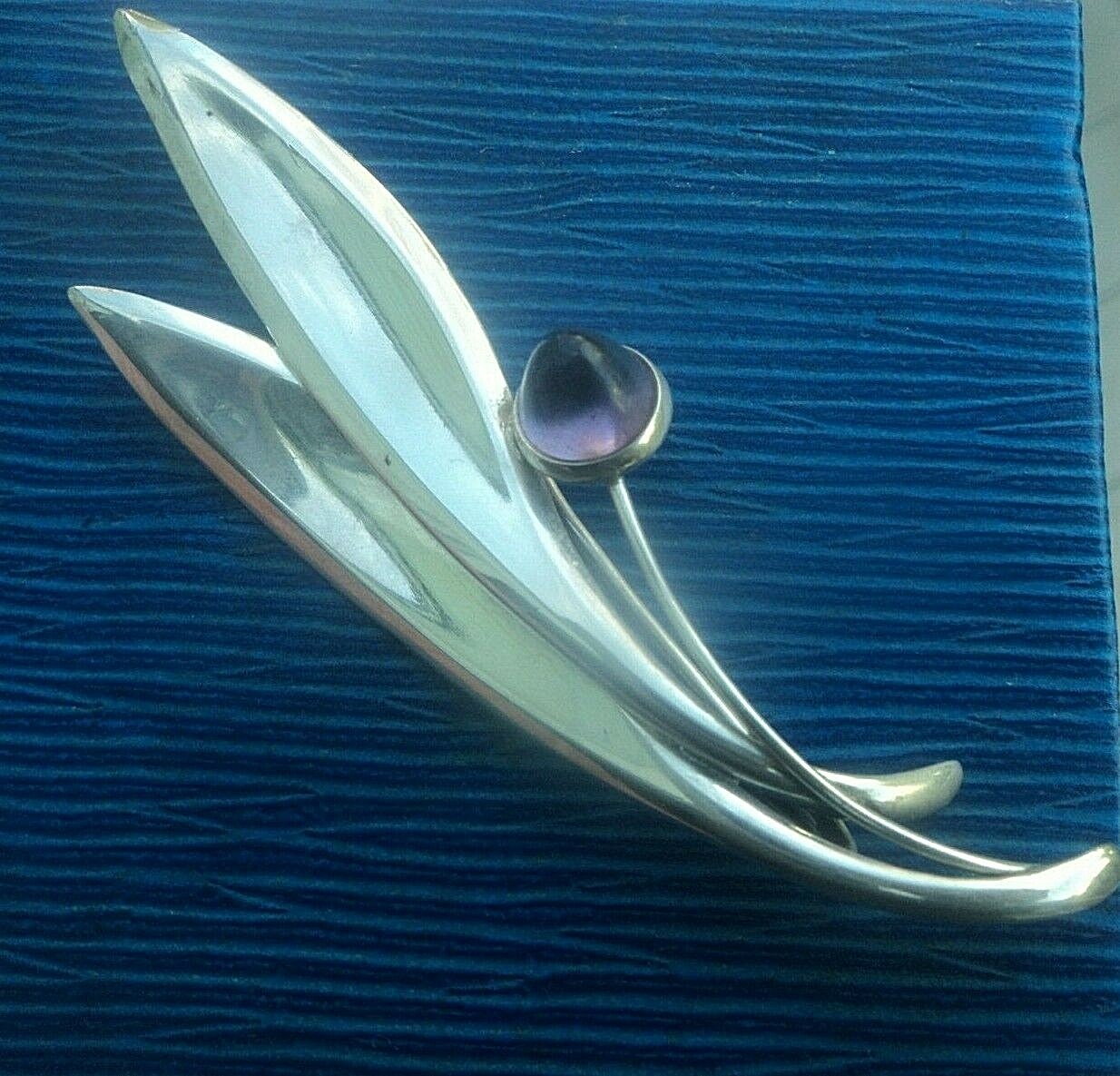 Finnish Silver & Amethyst Retro Floral Brooch Kupittaan Kulta Finland h/m 1962 thumbnail 2