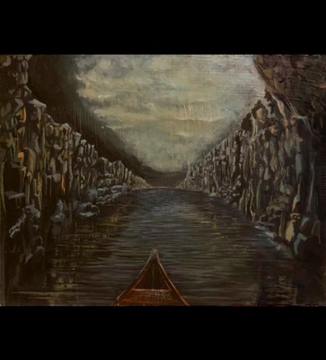  Familiar Waters  | 15x13 Row boat Cloudy Night Framed Acrylic on canvas board