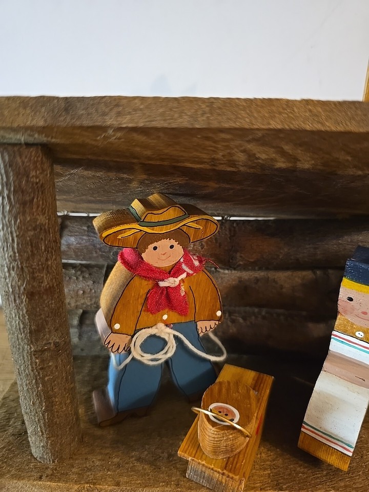 Vintage Made In MT Hand Carved Wooden Nativity Jesus,Mary,Joseph &Deer