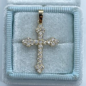 Authentic 0.51Ct Round Cut Real Moissanite Catholic Cross Pendant 14K Yellow Gold Plated
