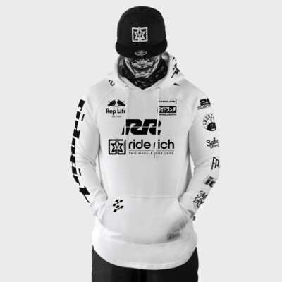 Ride Rich RR Racing Scoop Pullover Motorcycle Hoodie White Hoody