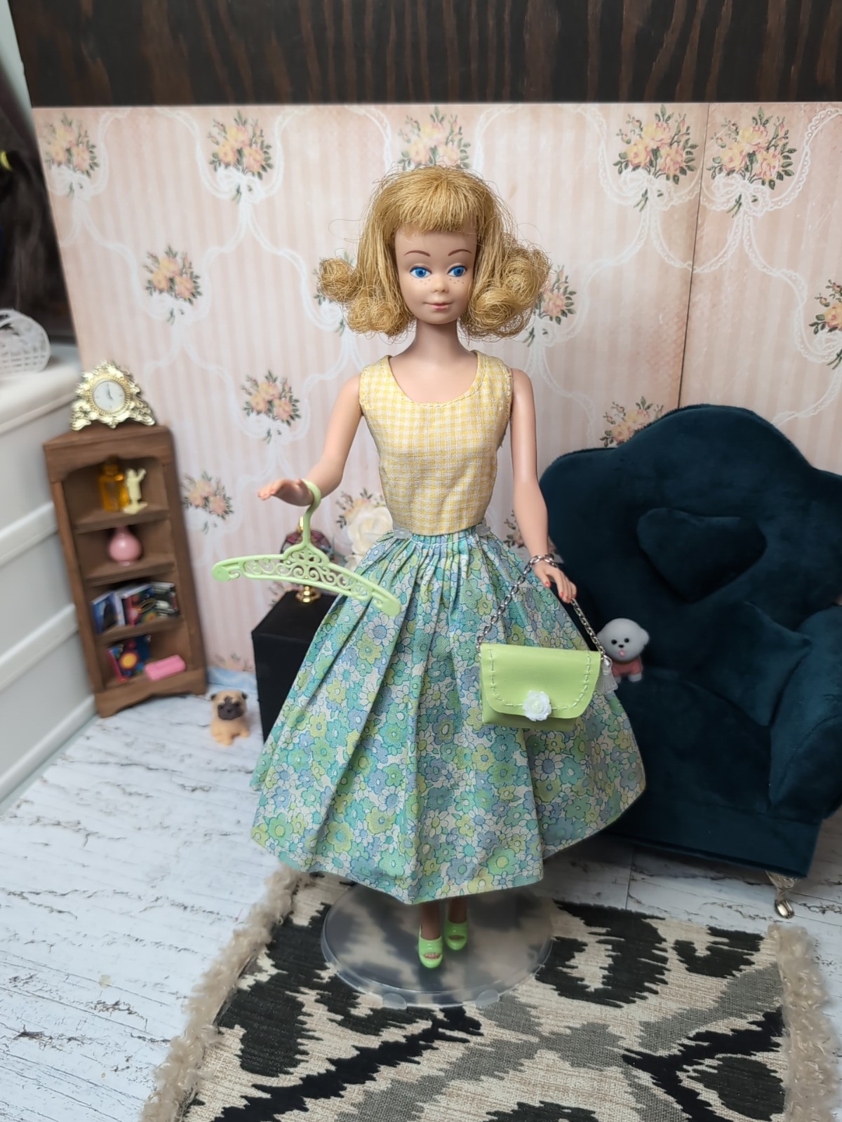 Vintage Barbie Clone Outfit - Dress, Custom Purse, Green Mules, Filligree Hanger