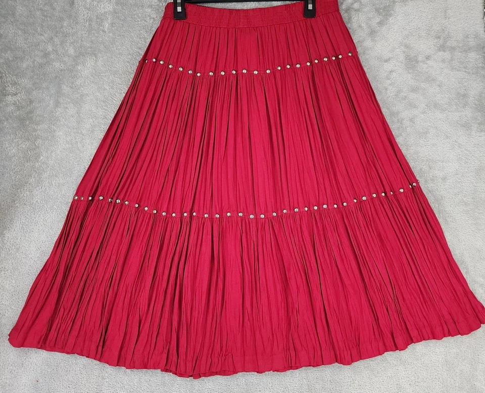 Falda Stonebridge Mujer Grande Roja Plisada Tachonada Boho Años 80 Retro Vintage Midi Foto 2 de 4