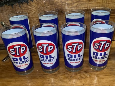 #ad Set Of 8 Vintage STP Oil Treatment Add to Oil Advertising Drinking Glasses $80.00