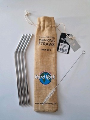 4 Stück Edelstahlstrohhalme Hardrock Cafe mit Jutebeutel - Unbenutzt