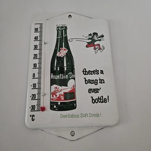 VINTAGE MOUNTAIN DEW PORCELAIN THERMOMETER SIGN CAR GAS OIL TRUCK GASOLINE