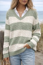 John Galt OS Sage Green Cream Stripe Cable Knit V Neck Coastal Preppy Vibes