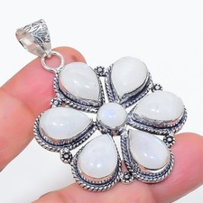 Natural Rainbow Moonstone Gemstone 925 Sterling Silver Jewelry Pendant Size 2.5"