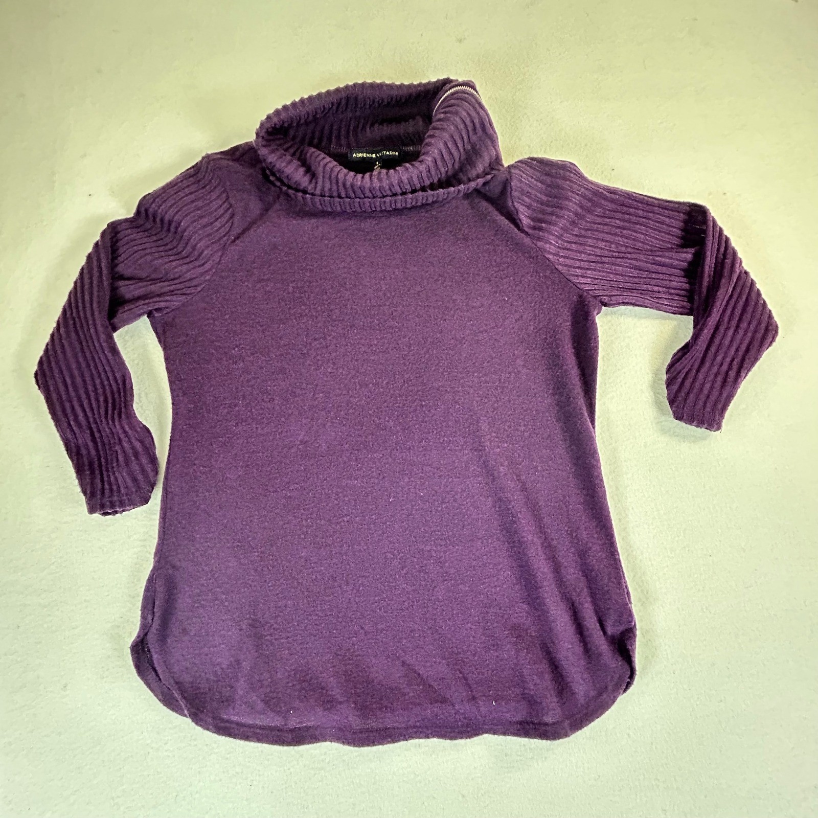 Adrienne Vittadini Womens Purple Ribbed Sleeve Cowl Neck Zipper Sweater Small