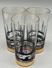 VTG HTF Culver Oil Derrick 22K Gold Whiskey Rocks Lowball 3 Glasses MCM Barware