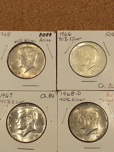 1965 AU++, 1966 Ch. BU, 1967 Ch. BU, 1968-D BU 40% Silver Kennedy Halves
