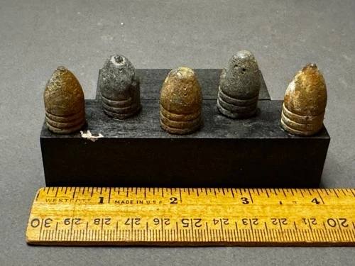 LOT OF 5 CIVIL WAR ERA MINIE BALL BULLETS ON WOOD DISPLAY ANTIQUE MILITARIA