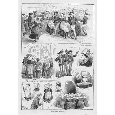 BRETAGNE Frankreich Szenen mit dem Volk - antiker Druck 1881