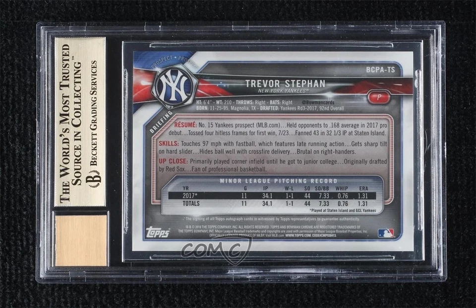 2018 Bowman Chrome HTA Gold Shimmer Refractor /50 Trevor Stephan BGS 9.5 Auto - Image 2 of 2