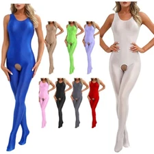 Womens Glossy Bodysuit Sleeveless Open Crotch Footed Catsuit Stretchy Jumpsuits
