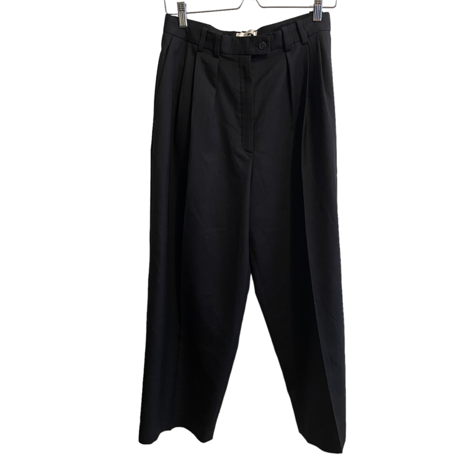FILA The Row Marian Wool Blend Pleated Front High Rise Wide Leg Pants Black 8