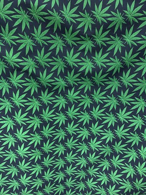 GREEN BLACK Marijuana Cannabis Leaf Printed Poly Cotton Fabric (58