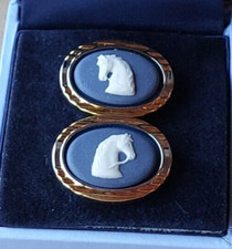 Wedgwood PORTLAND BLUE Jasperware Gold/Silver Metal HORSE CUFF LINKS - STUNNING