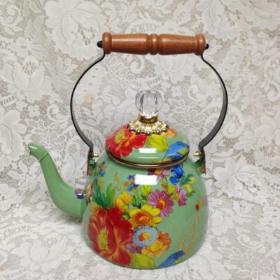 MacKenzie Childs Green Flower Market Enamelware 2 Qts Tea Kettle