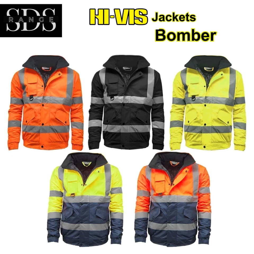 SDS RANGE Men Hi Vis Viz Waterproof Bomber Jacket | High Visibility Safety Work Wear Coat