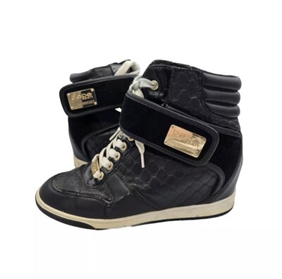 Bebe Sport Colby Women High Top Heel Black Gold Color Sneakers Size 10  Preowned