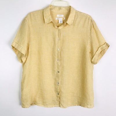 C&C California Yellow White Check Short Sleeve Button Shirt 100% Linen Medium