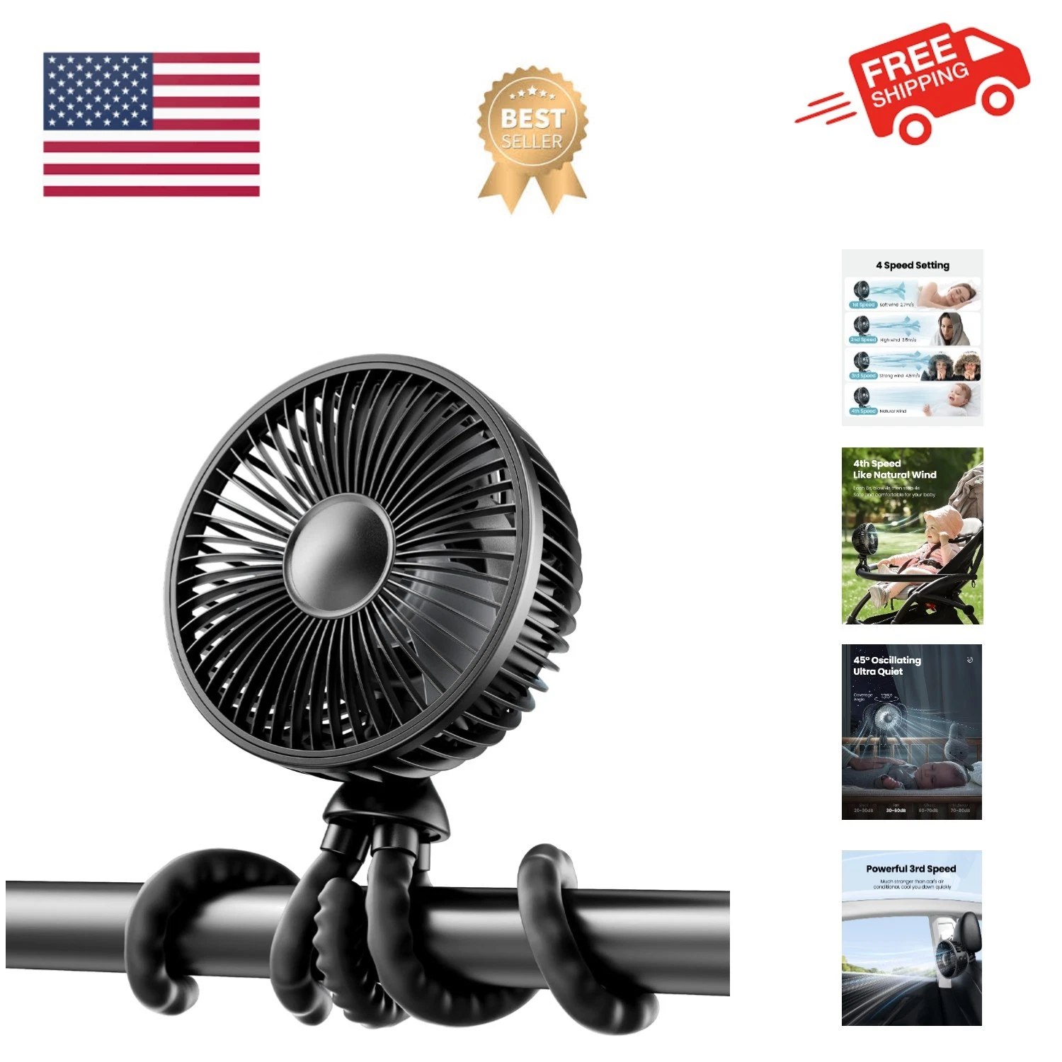 Portable 4-Speed Mini Fan for Baby Strollers, Cribs & Travel - Safe and Quiet