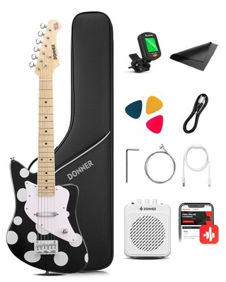 Donner DJM-100 Guitar Kit - 30 Inch Polka Dot Kids Electric Guitar for Girls