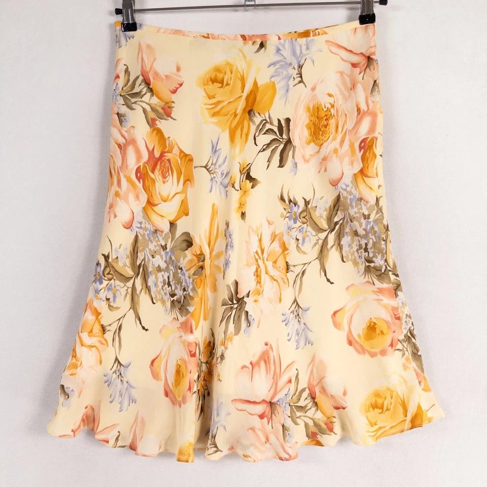 Linda Allard Ellen Tracy Skirt Sz 10 Yellow Floral 100% Silk Flowy Elegant - Image 3 of 4