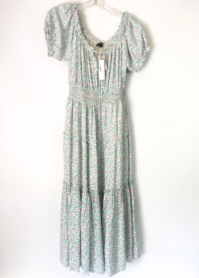 J Crew Puff Sleeve Midi Floral Dress Womens 2 NEW Ivory Larkspur Pink Blue Green