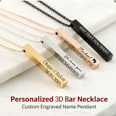 Personalized 3D Bar Necklace Custom Engraved Name Pendant Stainless Steel Gift