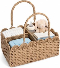 Large Wicker Diaper Caddy Organizer Scalloped Nursery Basket for Changing Table