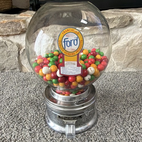 Ford Gumball Machine Glass Globe Metal Base with Colorful Gumballs Display