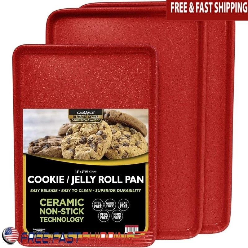 Nonstick Ceramic Cookie Sheets Set Red Granite 3 Pieces Durable Baking Pan Red