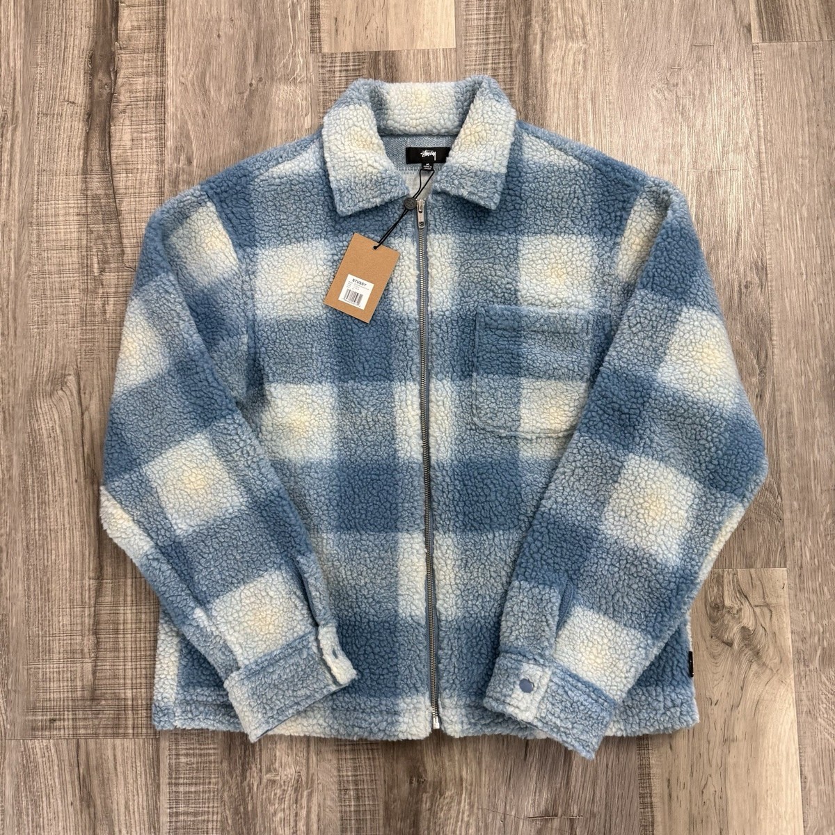 Stussy Zip Sherpa Shadow Plaid Light Blue Men's Size Medium M | eBay