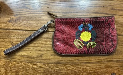 Consuela Leather Trim Clutch Wristlet Strap Bag Embroidered Used