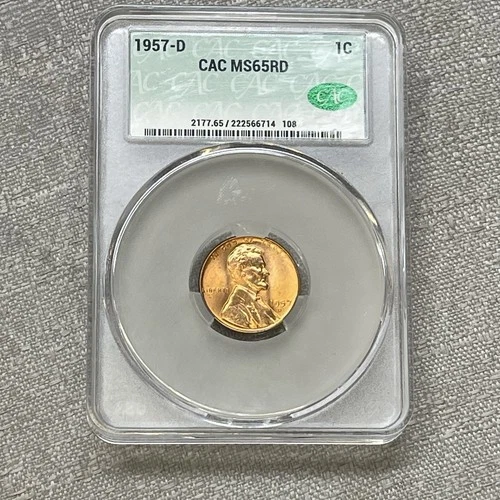 1957-D MS65 Lincoln Cent Wheat Penny, RED, CAC MS65 RD