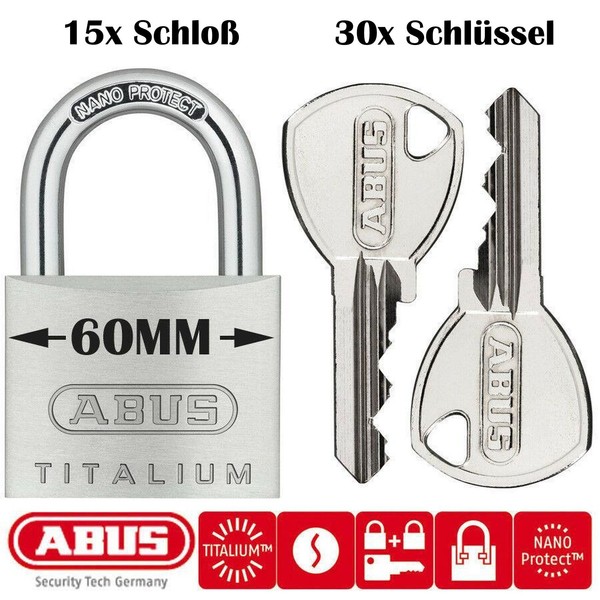 15X Abus Titalium Vorhangschloss 60MM GleichschließEnd BüGelschloss 64TI Schloss-image