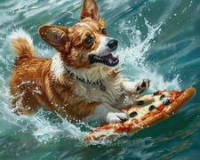 8x10 Matte Print_ Corgi Dog Surfing on Pizza Slice - Realistic Oil Painting