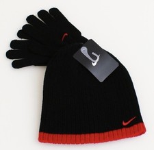 Nike Black  Red Knit Beanie  Stretch Gloves Youth Boy's 8-20 NWT