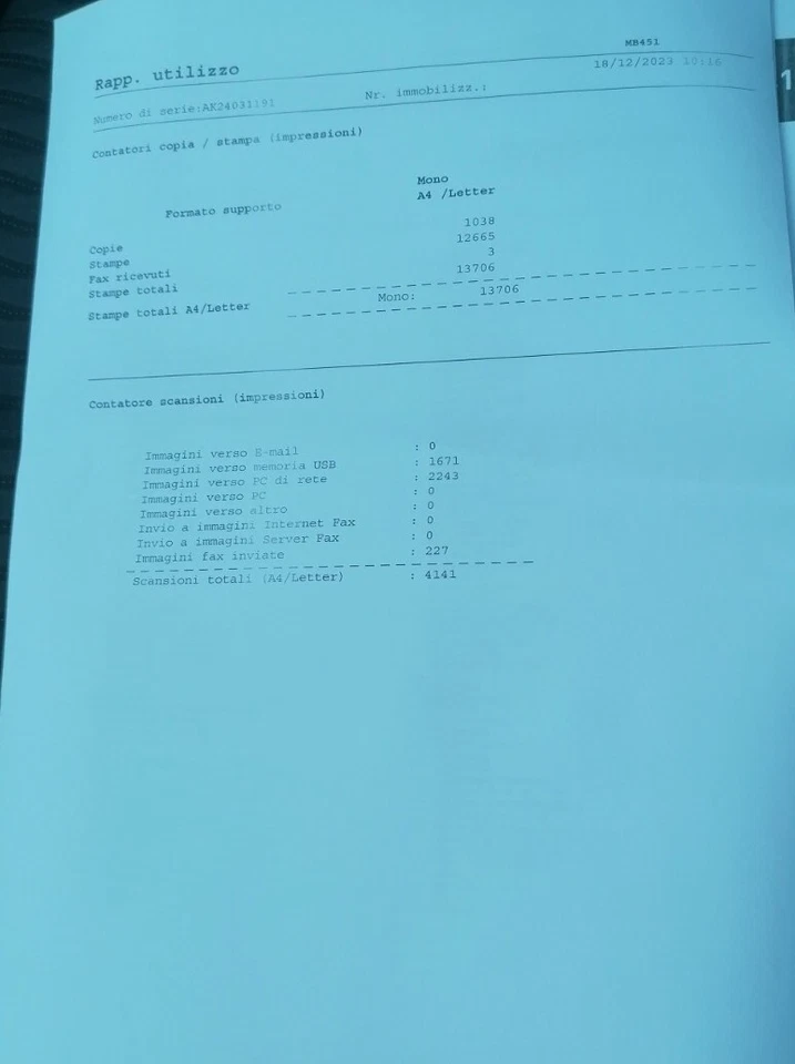 Fotocopiatrice Multifunzione A4 Monocromatico Laser OKI MB451w Usato (4in1) - Immagine 3 di 3