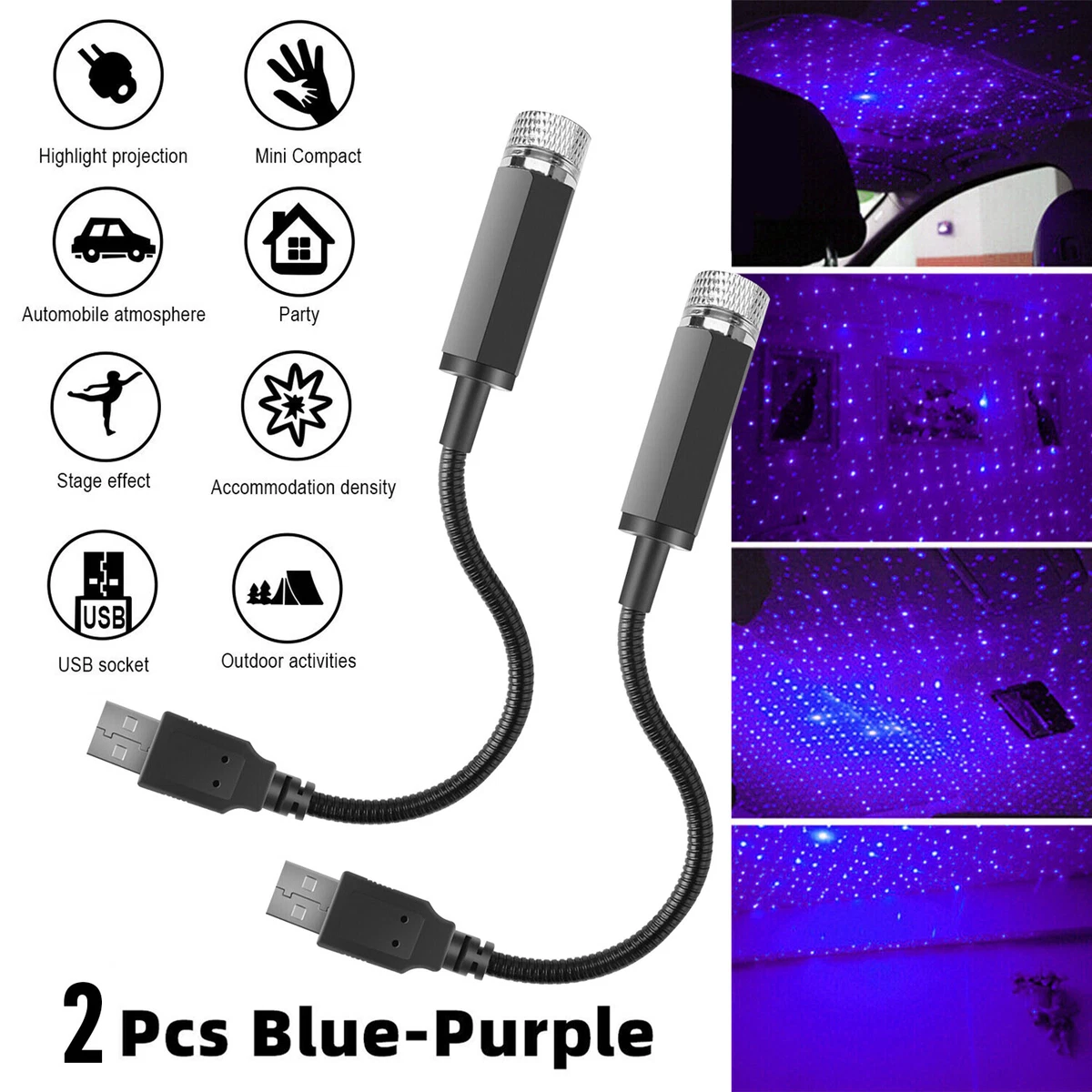 2pc USB Car Atmosphere Blue Star Light Mini LED Projection Lamp Star Night  Laser